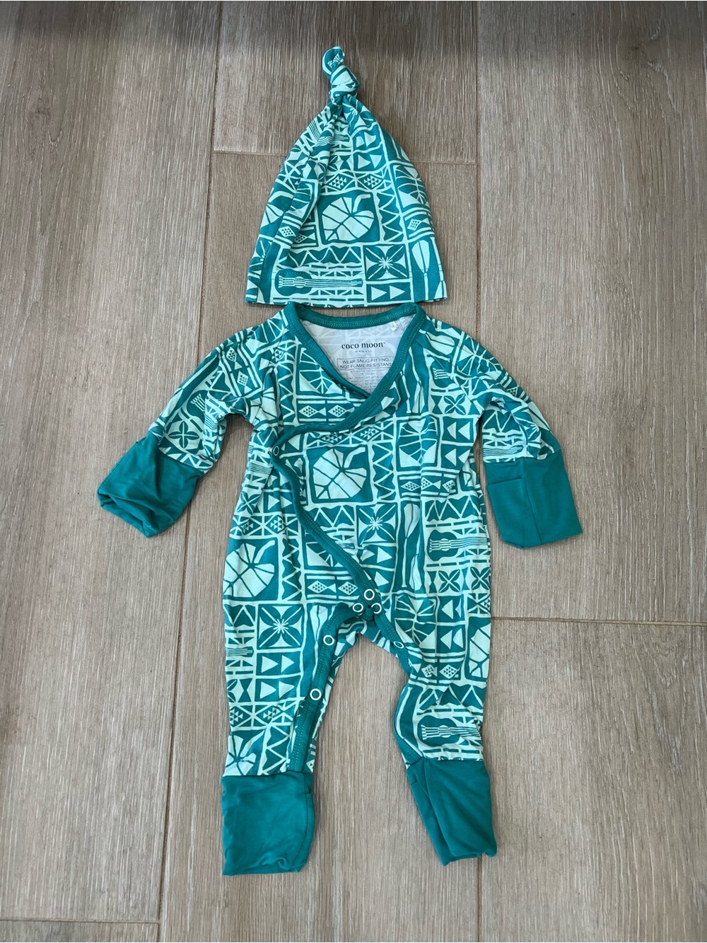 Coco moon Teal Patterned Baby One-Piece with beanie. Newborn!